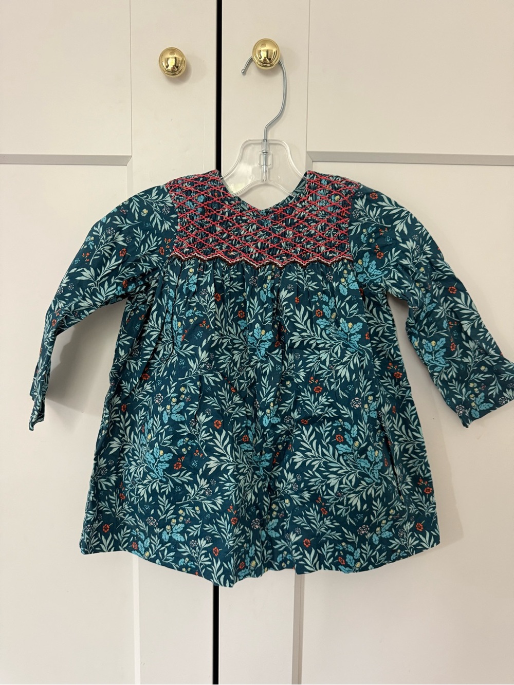 Marie Chantal Girls Teal Floral Smocked Long Sleeve Dress 24months